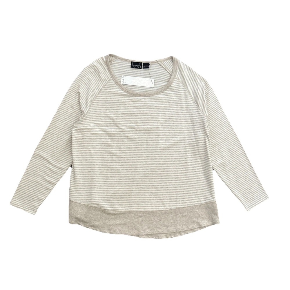 Kersh Tan Cream Stripe Long‎ Sleeve Knit Top Soft Modal Cotton Stretch XL NWT